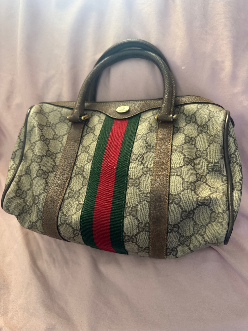 Gucci Beige Monogram Shoulder Boston Bag with Green-Red Web